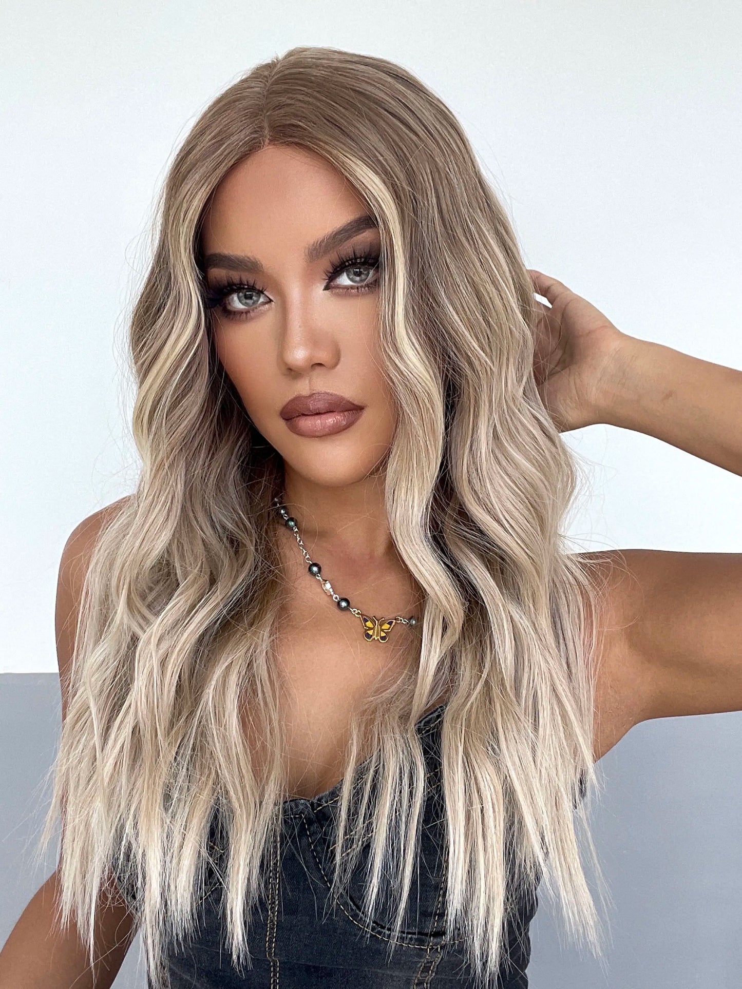 Dark Brown Blonde Long Wavy Synthetic Lace Front Wig