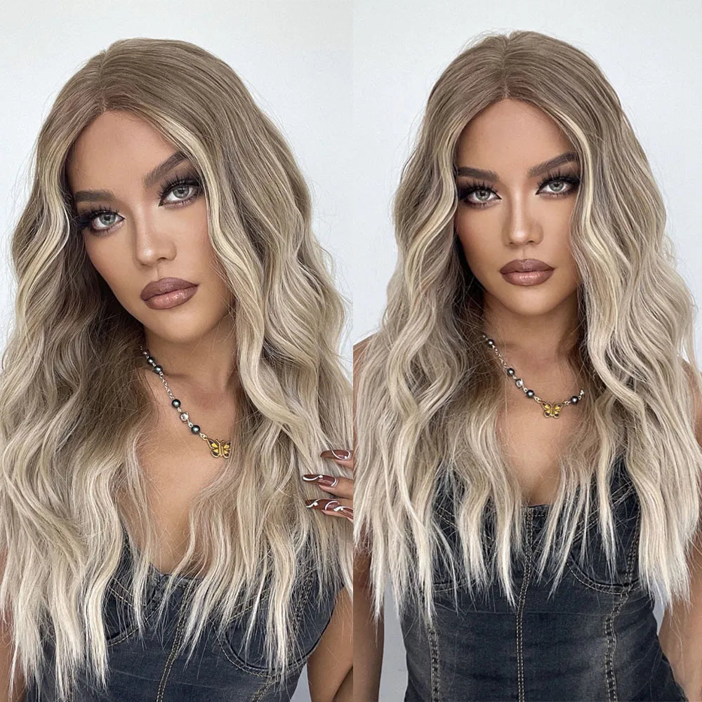 Dark Brown Blonde Long Wavy Synthetic Lace Front Wig