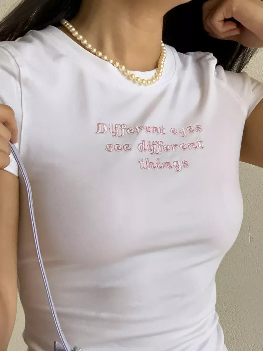 Embroidery Letter Printing Stitch White Y2K Crop Tops O-neck Short Sleeve T-shirts