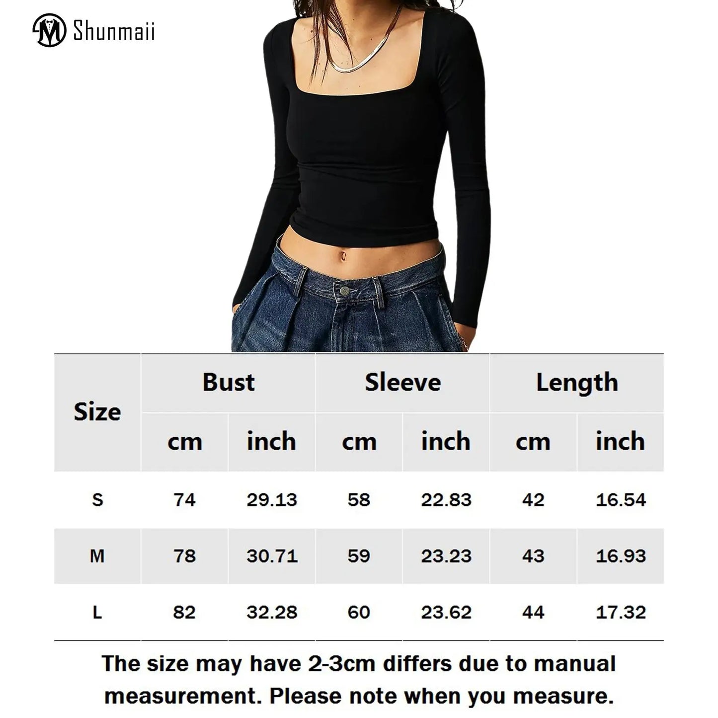 Square Neck Ladies Long Sleeve Shirt Basic Crop Top Bodycon Casual Slim Fit